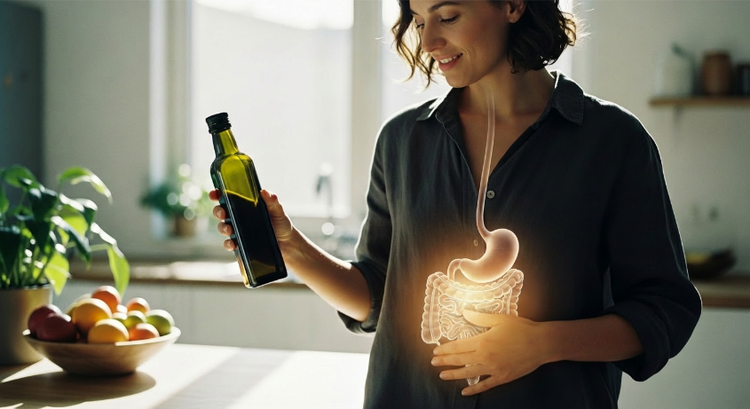 woman holding a bottle of olive oil