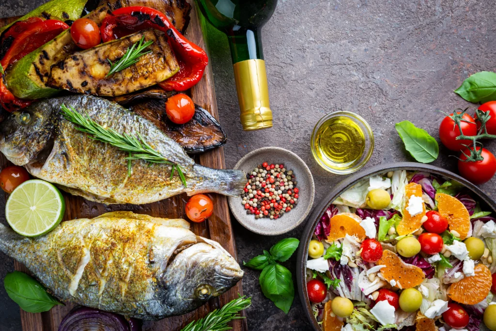 Fresh meal with wine and fish